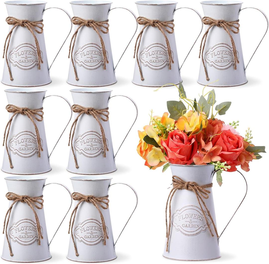 Chumia 8 Pcs Metal Pitcher Jug Vase for Flower Farmhouse Rustic Milk Can 7. 87 Inch Flower Vintage Vase Pitcher Decor Kitchen Bathroom Decor for Home (White)