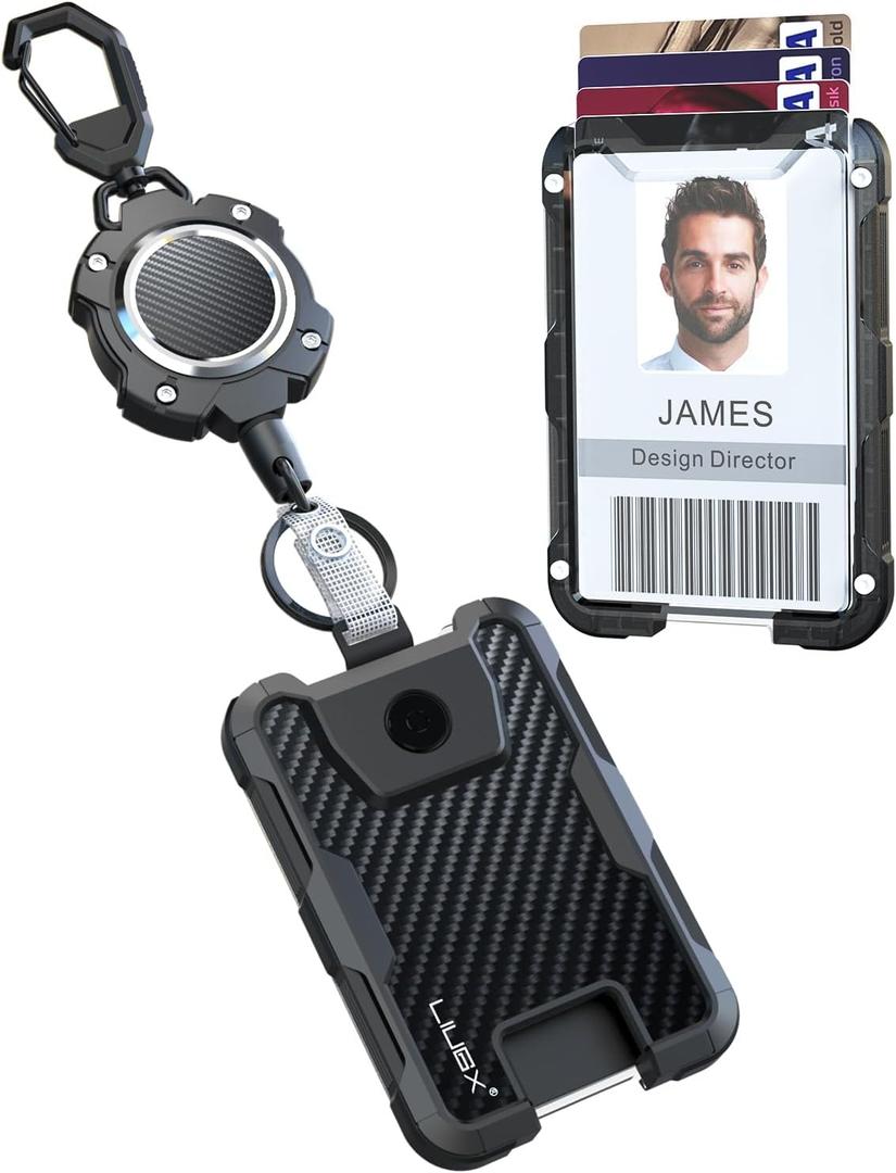 LIUGX Retractable Badge Holders,Carbon Fiber Badge Holder,Heavy Duty Carabiner Keychain, Durable ID Card Holder (Holds 6 Cards), with 31.5 Badge Reel Key Chain, 10,000+ Rebound,Silver-Black