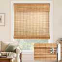 LazBlinds No Drill Bamboo Roman Shades, 31.5" W x 64" H, Malay Oak | Cordless Light Filtering Natural Wood Blind, Privacy Protection, Room Darkening Bamboo Blinds for Windows