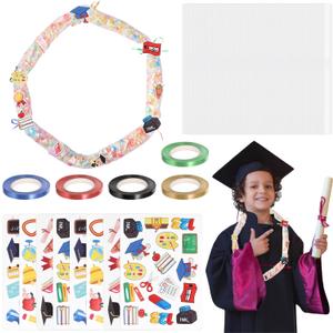 Graduation Candy Lei Making Kit 2025, 50 Pcs Candy Lei Tubing Graduation Paper Stickers with 5 Color Ribbons Candy Lei Netting for Kindergarten Graduation Party Gift (Blue red gold black)