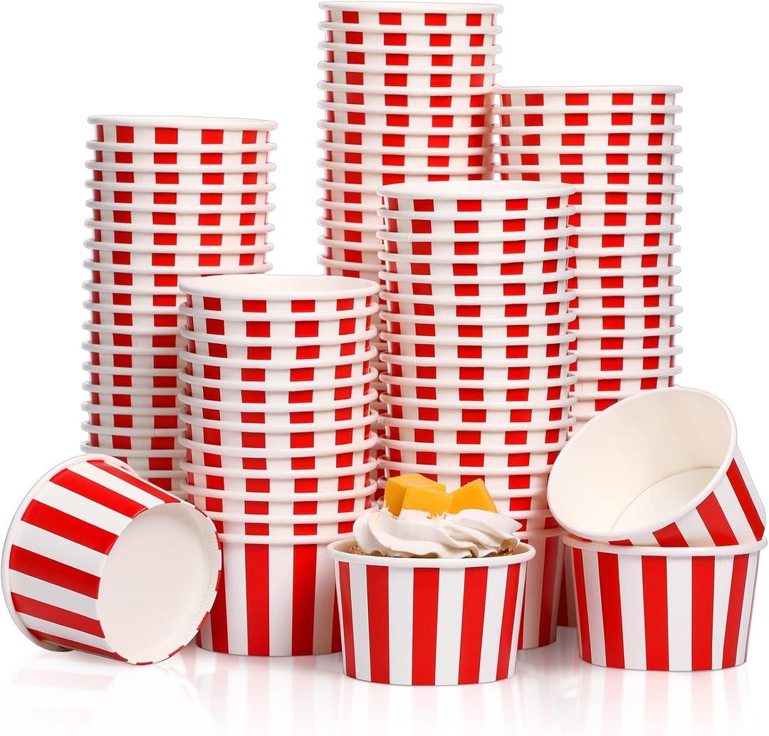 200 Pcs Paper Ice Cream Cups 5.5 Ounce Red White Striped Disposable Sundae Bowls Yogurt Dessert Soup Cups for Hot Soup Snack Treat Carnival Theme Party Decorations