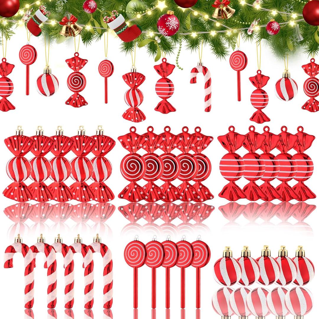 Lanpn 30 Pcs 4.5" Candy Cane Christmas Decorations, Peppermint Candies Xmas Tree Ornaments, Mini Red White Lollipop Candy Canes, Plastic Crutch Pendant Hanging Decor Candyland Holiday Indoor Outdoor