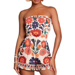NIFTRIRY Strapless Floral Print Romper for Women Summer Vacation Outfi One Piece Jumpsuits Shorts, Large