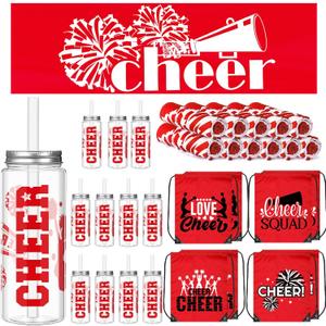 12 Set Gifts Bulk for Cheerleading Including Cheer Drawstring Bags Cheerleader Tumbler Cups with Lid and Straw Cheerleading Cooling Towels Gifts for Team Competition Party Favor(Red)