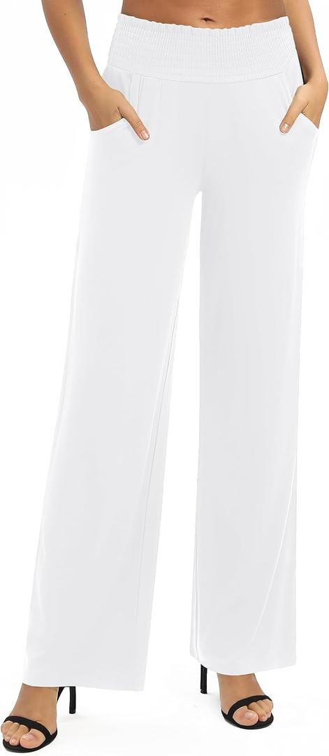 Urban CoCo Womens High Waist Flowy Palazzo Pants Elastic Waist Wide Leg Stretchy Straight Leg Dressy Casual Lounge Trousers (White, L)