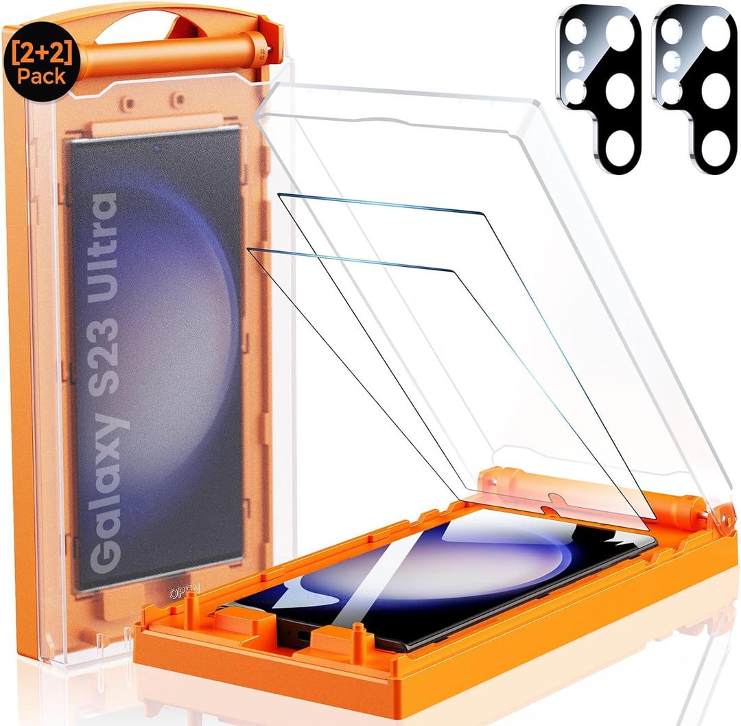 MRGLAS 2+2 Packs for Samsung Galaxy S23 Ultra Screen Protector 6.8" with Camera Lens Protector [Auto Alignment Cabin/Dust Removal] 7H HD Hybrid Material, 100% Fingerprint ID Compatible, Case Friendly