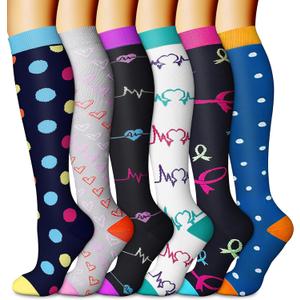 CHARMKING 6 Pairs-Compression Socks for Women & Men Circulation Best Support for Nurses, Running, Athletic,Flight Travel (Large-X-Large, 02 Black/White/Black/Blue/White/Blue)