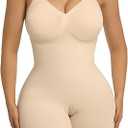 SHAPERX Women's Shapewear Tummy Control Bodysuit with Removable Pads Seamless Sculpting Mid Thigh Body Shaper (Beige, Medium)