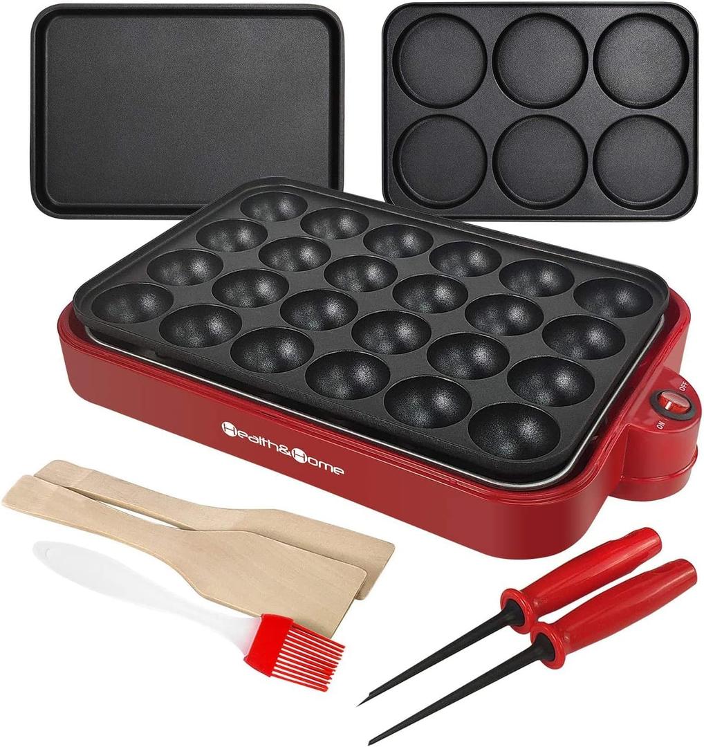 Multifunction Nonstick Baking Maker with 3 Interchangeable Baking Plates for Fried Eggs, Fried Steak, Takoyaki, Cake Pops, Grill Maker, RED-1