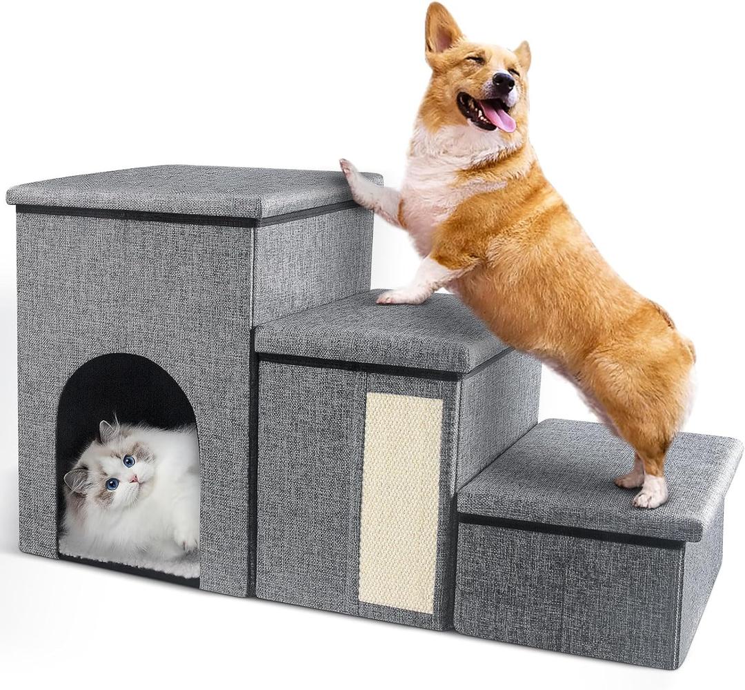 Dog Stairs for Small Dogs, 16.5"H Dog Steps for Bed, 3-Step Pet Stairs for High Beds Foldable Dog Stairs With Storage, Portable Puppy Steps for Small Medium Dogs Cat Non-Slip Doggy Steps for Bed Couch
