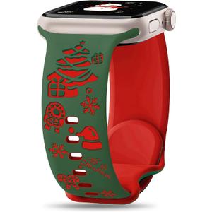 Newlibery Christmas Engraved Silicone Band Women Compatible with Apple Watch 42mm(S3/2/1)/44/45/49mm Two-Tone Santa Claus Soft Sport Strap for iWatch Series 10/9/8/7/6/5/4/3/2/1/SE/Ultra1 2 Green/Red