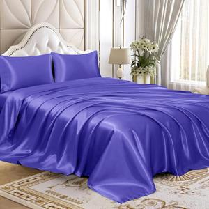 Homiest 4pcs Satin Sheets Set Luxury Silky Satin Bedding Set with Deep Pocket, 1 Fitted Sheet + 1 Flat Sheet + 2 Pillowcases (King Size, Periwinkle Blue)