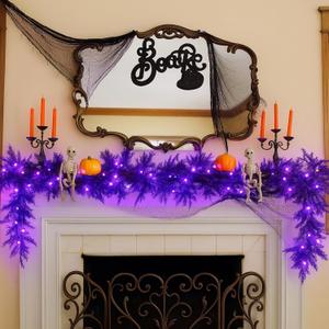 Halloween Black Garland with Purple Lights, 6.56 ft Lighted Cedar Pine Needle Artificial Garland with LED Faux Realistic Hanging Vine Twigs for Halloween Mantle Banister Fireplace Decor