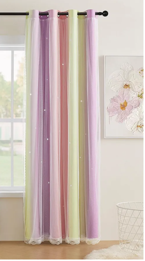 XiDi Pink Yellow Curtains for Girls Bedroom Decor Kids Blackout Curtains for Nursery Room Darkening Rainbow Princess Unicorn Wall Decals Little Girl Pink Yellow Purple 34x72 Inches Long 1 Panel