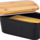 Butter Dish with Lid, Porcelain Keeper with Wood Lid Cover for Butter, Microwave Safe Easy Clean Butter Storage Container for Countertop and Refrigerator (Black 10oz)