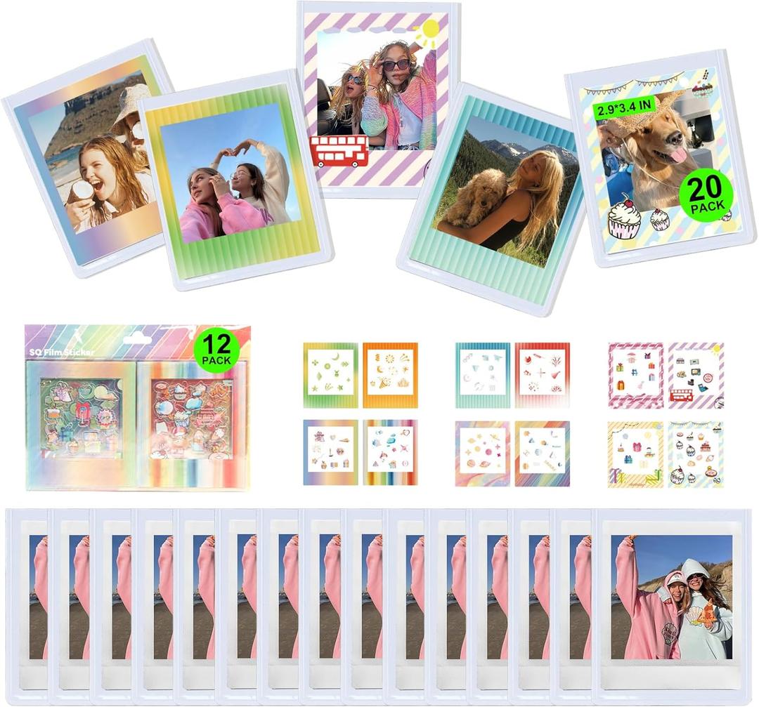 WOGOZAN SQ Film Accessories for Instax Square SQ1 SQ40 SQ6 SQ10 SQ20 SP-3 Instant Camera 2.9x3.4 Inch Film with 20 Magnetic Photo Frames Refrigerator Photo Display and 12 DIY Stickers