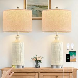 Living Room Lamps Set of 2, 27" Touch Lamps for Nightstand with USB A+C Ports, Modern Farmhouse Table Lamps for Bedroom, Beige