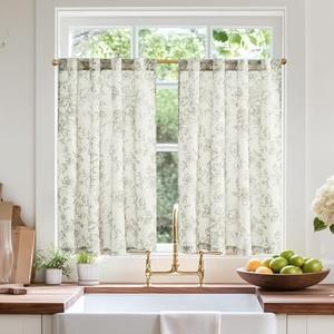 jinchan Linen Floral Tier Curtains 36 Inch Farmhouse Botanic Cafe Curtains Light Filtering Drapes for Small Windows Back Tab Half Window for Kitchen Living Room Bathroom 2 Panels Green