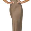 Satin V Neck Puffy Sleeves Silk Midi Dresses Empire Waist Elegant Tie Back Formal Cocktail Dress for Women Wedding Guest (Beige, L)