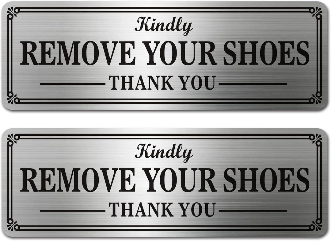 2pcs Metal Stainless Steel Remove Your Shoes Sign for Door,With Self Adhesive,9x3in(No Shoes2pcs), 3x9