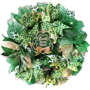 Presentastic 18 Inch St. Patrick's Day Decorations Wreath, Handcrafted Shamrock Wreath for Front Door with Light, Clover Artificial Design, Lucky Irish Porch Decor, Wall, Entry, Party Holiday Display