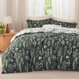 Bedsure Full Comforter Set - Dark Olive Green Bed Set, 3 Pieces Cute Floral Bedding, 1 Soft Reversible Botanical Flowers Comforter and 2 Pillow Shams