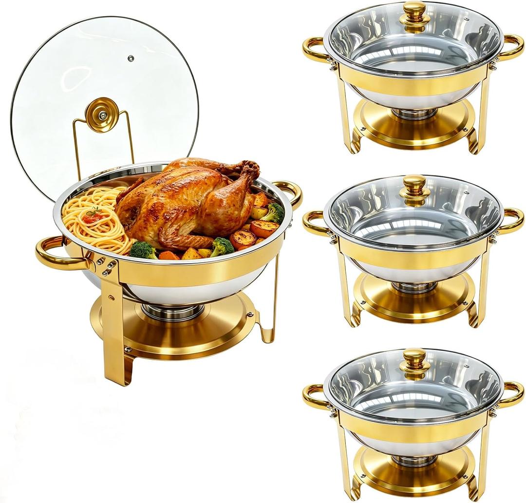 4-Pack 6QT Chafing Dishes for Buffet, 304 Stainless Steel Chafing Dish Buffet Set with Glass Lids & Lid Holders – Food Warmers for Parties, Weddings, Birthdays & Catering, Gold