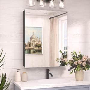 TokeShimi 20 x 26 Recessed Medicine Cabinet Mirror Black Tempered, Aluminum Surface Mount Medicine Cabinet Mirror with Storage with Stepless Adjustable Shelves for Bathroom Modern Farmhouse