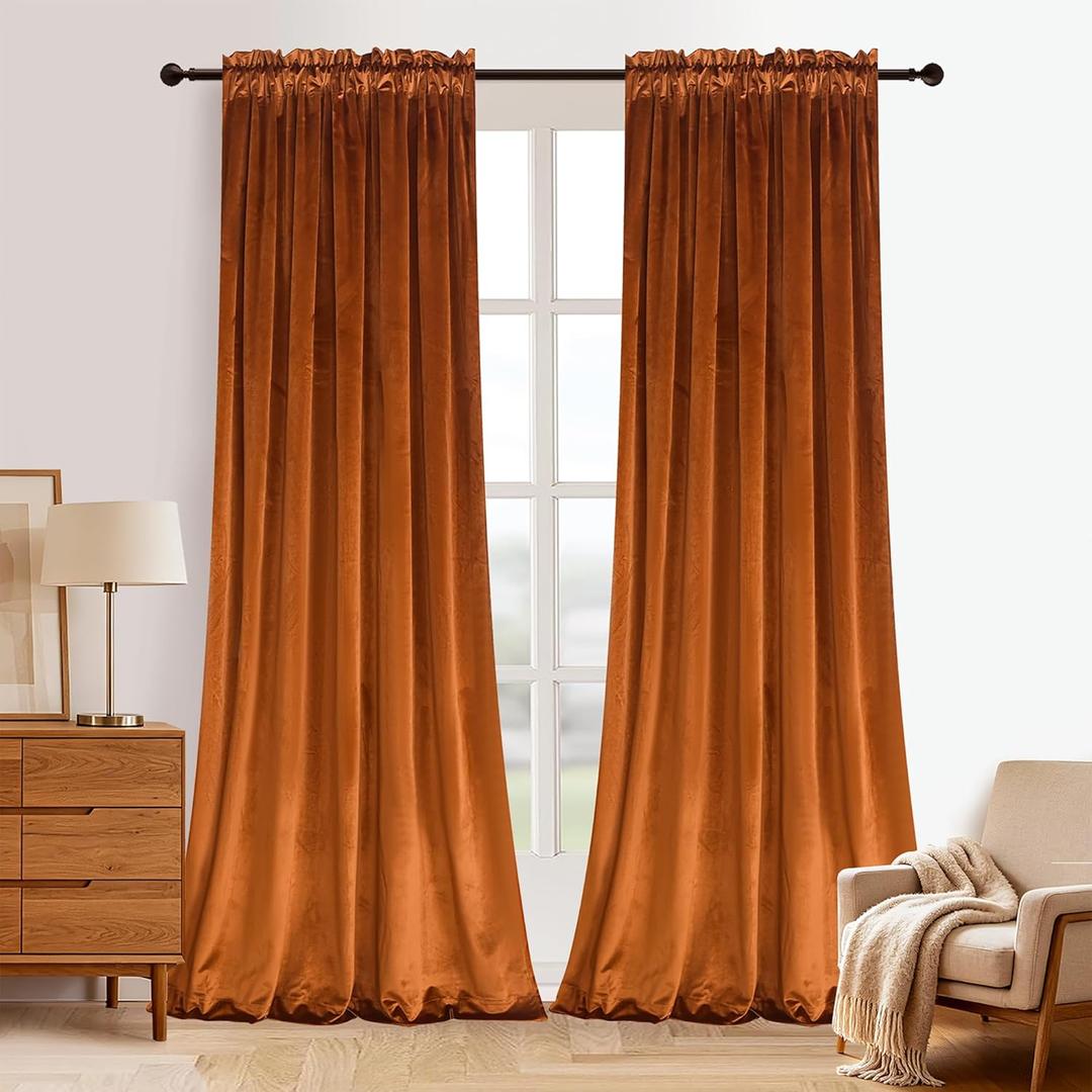Roslynwood Velvet Orange Curtain 84 inches Long - Curtains Block Light Rod Pocket Thermal Insulated Window Drapes Set for Living Room/Bedroom/Kitchen Room, W52 x L84, 2 Panels
