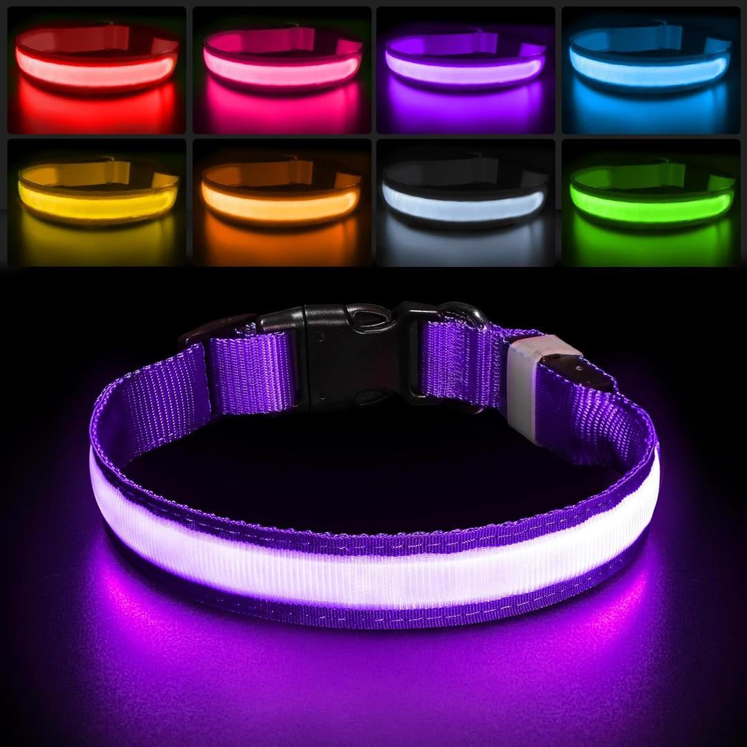 PcEoTllar Light up Dog Collar for Night Walking - LED Dog Collar Light Rechargeable Color Changing, Glow in The Dark Dog Collars Waterproof Glowing Dog Collars for Large Small Medium Dogs, Purple S (S(11 inch-15.7 inch))