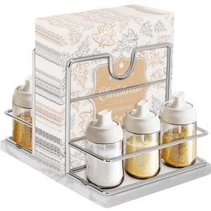 Livabber Napkin Holder, Metal Napkin Storage with Salt and Pepper Shakers Caddy Modern Napkin Dispenser for Table Kitchen Countertop, Not Including Salt and Pepper Shakers (Large Marble, Chrome)