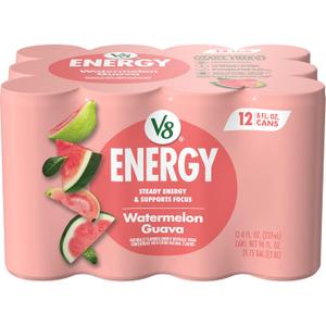 V8 Energy Watermelon Guava Energy Drink, 8 fl oz Can (12 Pack) Best By Oct 16, 2025