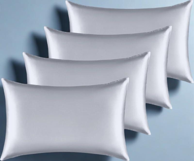 Satin Pillowcase for Hair and Skin, Super Soft Similar to Silk Pillow Cases 4 Pack with Zipper Closure, Cooling Pillowcases for Women Men (Silver, 4 x Queen (20"x30"))