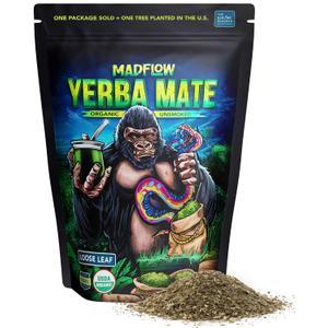 MADFLOW Unsmoked Organic Yerba Mate Loose Leaf 1.1 Lb. Mate Tea For Natural Energy, Focus and Flow. Resealable Packaging. For Brewing With Yerba Mate Cup or French Press. BB: 01/16/2027 