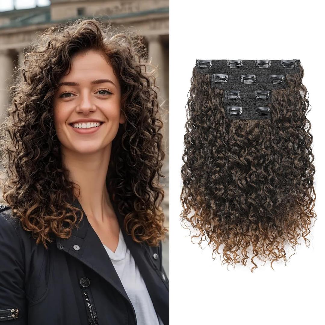 Flufymooz 4PC Clip in Hair Extensions, 14 Inch 100 Pure Protein Silk Short Hairpiece Deep Curly Wavy Hair Extensions Clip in Natural Soft Hairpiece for Women-Dark Almond brown with copper