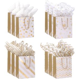 Dimetey 12pcs 9" Gift Bags, Medium Size Paper Bags with Tissue Paper, White Gold Wrap Paper Gift Bags with Handles for Shopping Party Wedding Baby Shower Holiday Presents (Gold)