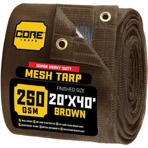 Core Tarps 60% Brown Shade Cloth with Grommets - 20 X 40 FT Heavy Duty Mesh Tarp - Sun Shade Cloth for Garden Vegetables Plants Greenhouse Outdoors Backyard Fences Dump Trucks Patio Mesh Shade Tarp