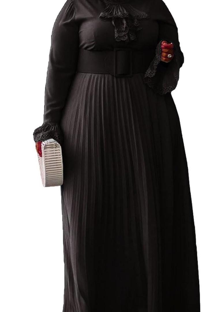 Plus Size Floor-Length Solid Long Sleeve Pleated Women's Maxi Dress Prom Dress with Belt Size 5XL