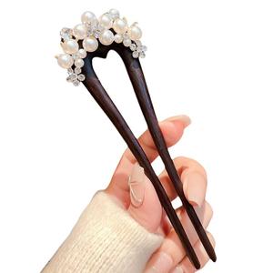 Handmade Hairpin with Pearl Flowers - Twist Hairstick for Elegant Updos French Hairpins Wooden U-shaped Hair Forks