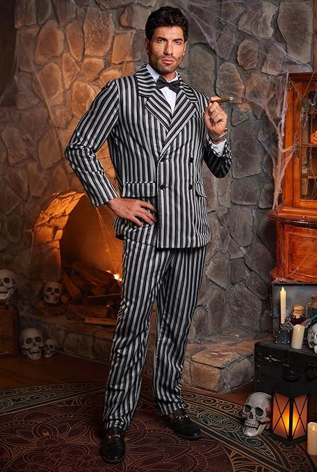 Arvilhill Mens 3 Pcs Dark Gothic Gentleman Costume, Halloween Classic Movie Outfit Blazer, Trousers, Bow Tie, Large