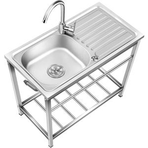 Outdoor Free Standing Sink, Utility Stainless Steel Kitchen Single Bowl Washing Hand Basin Station Sink with Drainboard and Faucet, for Restaurant, Cafe, Bar, Hotel, Garage, Laundry Room (29.5*15.7*29.5in)