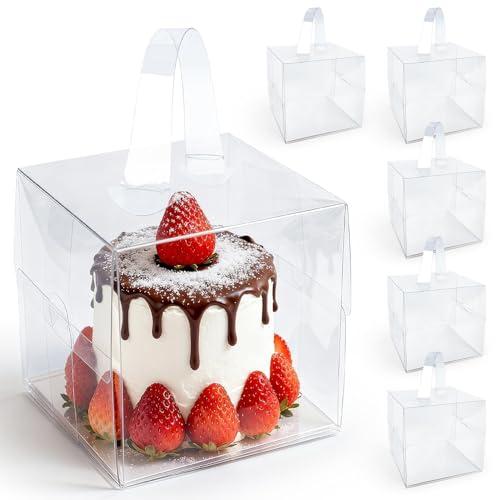 6PCS 6x6x5Inch Clear Cake Boxes - RAINFLOW Mini Clear Gift Box with Portable Carry Handle & Boards, Transparent Treat Boxes Hold Cake, Donut, Pastries, Cookies for Wedding, Birthday, Christmas, Party
