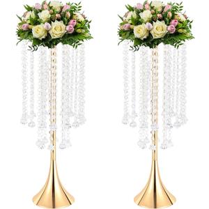OUKANING Tabletop Flower Stand Wedding Table Centrepieces Metal Flower Vases Flower Display Holder with Acrylic Beads for Party Event Dinner Receptions Hotel Home Decor,21.9in Height (2PCS Gold)