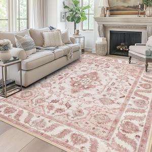 Area Rug 9x12 for Living Room Soft Machine Washable Low Pile Area Rugs Vintage Boho Bedroom,Dinner Room Non-Slip Carpet Rug- Light Pink