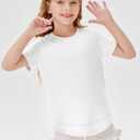 Haloumoning Girls Summer T Shirts Loose Curved Hem Short Sleeve Shirt Athletic Casual Tops Tees 4-14 Years, 130 (White)