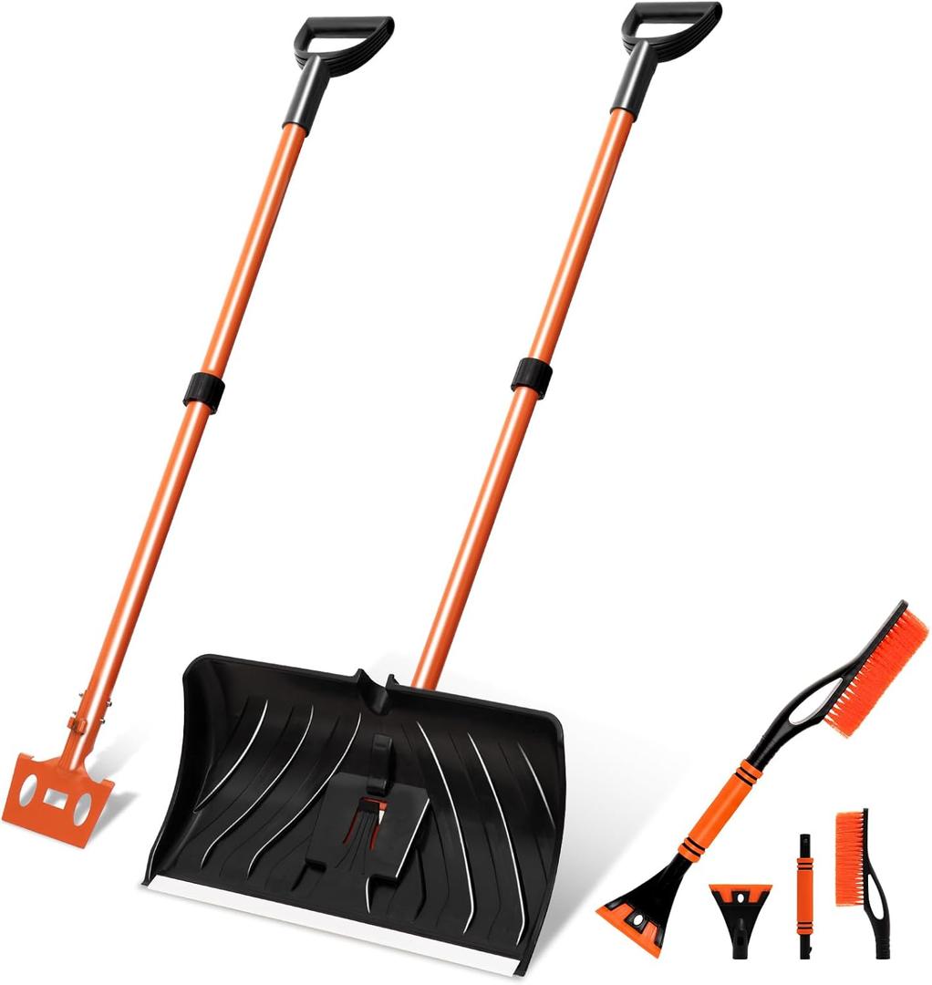 Snow Shovel with Ice Blade, 22-Inch Heavy Duty Removable Snow Shovel for Driveways, Sidewalks, Garages & Outdoor Use, Includes Car Snow Brush and Ice Scraper for Windshield