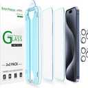 amFilm Easiest Installation OneTouch for iPhone 15 Pro Max Screen Protector [6.7 Inch] Tempered Glass + Camera Lens Protector, Auto-Alignment Tech, Bubble Free, Case Friendly, Anti-Scratch [2+2 Pack]