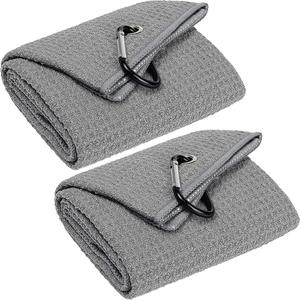 VIVIDLY 2 Pack 16" x 24" Tri-fold Golf Towels, Premium Microfiber Fabric Waffle Pattern with Gray Heavy Duty Carabiner Clip, Orange Golf Towels for Golf Bags for Men (Gray)