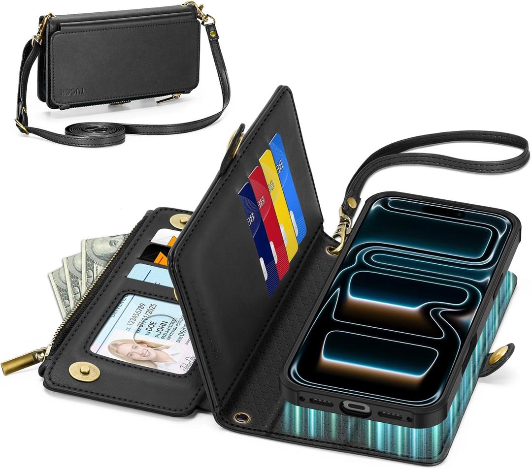 TUCCH Crossbody Detachable Wallet Case for iPhone 17 Pro Max 6.9" 2025, 10 Card Slots RFID Blocking | Wireless Charging | Wrist Strap | Lanyard | Stand | Zipper Pocket | PU Leather Phone Cover | Black