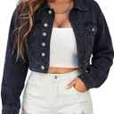 EMMIOL Women's Cropped Denim Jacket Lapel Long Sleeve Button Front, M